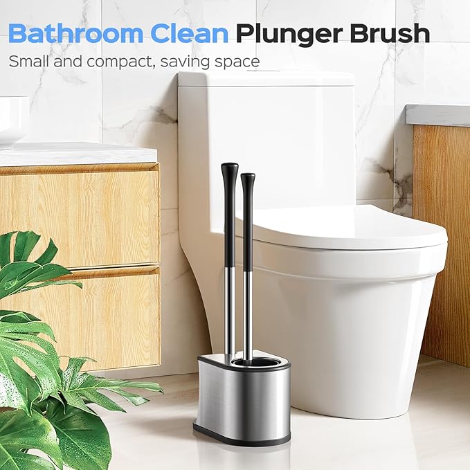 HAMITOR Toilet Plunger and Brush Set: 2 in 1 Stainless Steel Rustproof Combo with Deep Cleaning Curved Bristles - Heavy Duty Toilet Unclogging for Family Bathroom - Compact Apartment Accessories