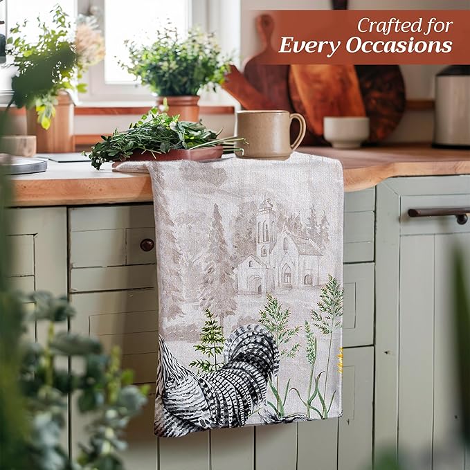 Maison d' Hermine Kitchen Towels Set of 3 100% Cotton 27.50" x 20" Reusable Cloth Tea Dish Towels Absorbent with Hanging Loop for Kitchen, Home, Dining, Cocktail Parties Spring/Summer (Basse Cour)
