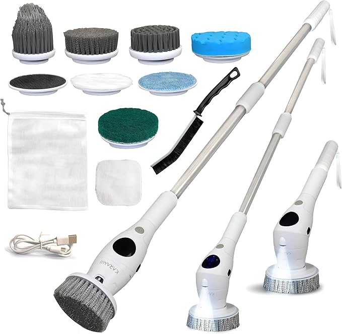 Electric Spin Scrubber, Cordless Power Brush with 8 Multi-Functional Heads, 3 Adjustable Speeds, IPX7 Waterproof, LED Display, Long Handle (13.8"-51"), Perfect for Bathroom, Tile, Kitchen, Car