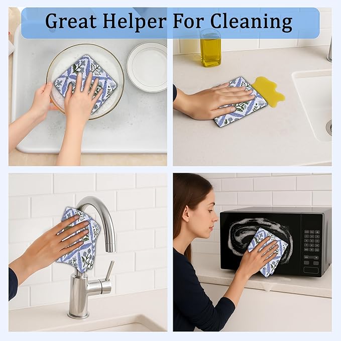 Ridhi Light Steel Blue Hand Block Print Cotton Waffle Dish Cloth Set of 6-12x12 Inch Super Absorbent, Soft, Reusable Kitchen Towels for Dish Drying Cleaning, Ideal for Spring, Easter, Valentine