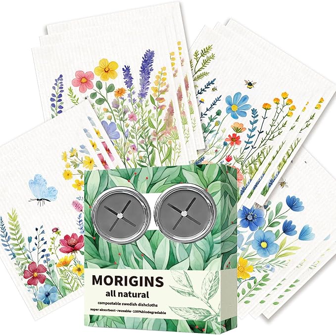 Morigins 12 Pack Swedish Dishcloths with 2 Push Towel Hooks - Reusable Dish Cloths for Washing Dishes, Napkins Cleaning Cloth Washable - Flower Set
