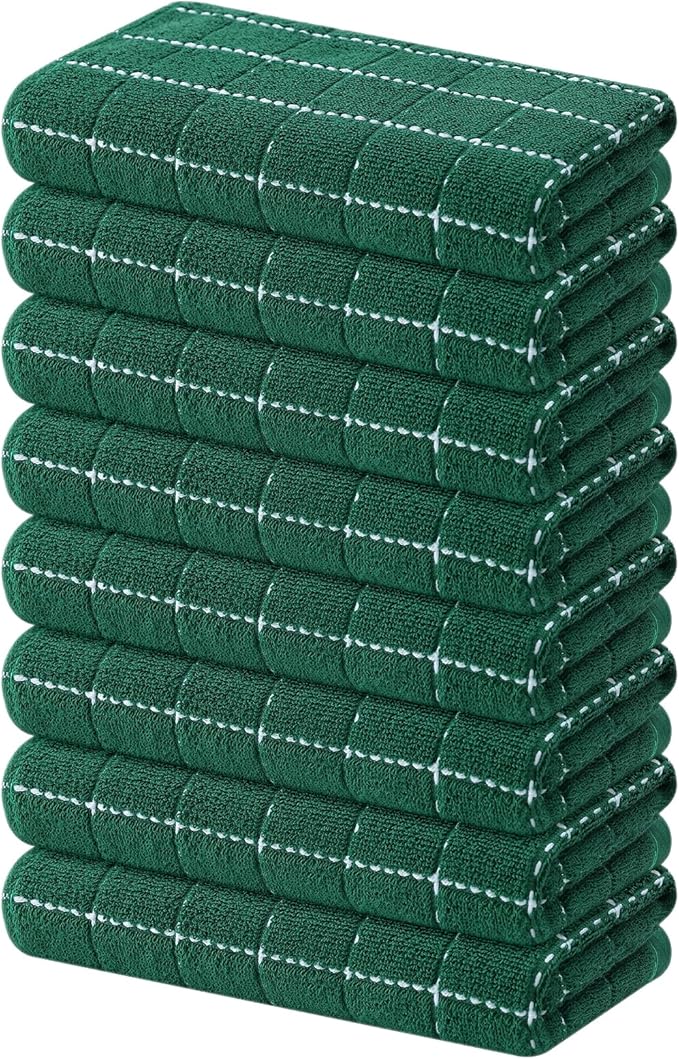 Mordimy 100% Cotton Terry Cloth Kitchen Towels, Super Soft and Absorbent Dish Towels for Drying, Checkered Designed Hand Towels for Kitchen, 16 x 26 Inches, 8 Pack, Dark Green