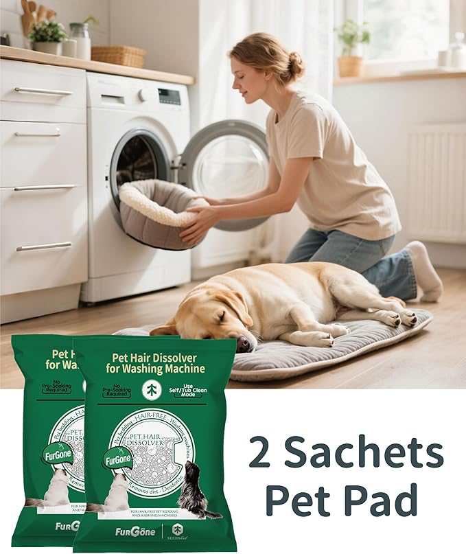 FURGONE by Seedshub Pet Hair Dissolver for Washing Machine, 96.7% Hair Dissolution, Dog Cat Hair | Stain Remover for Laundry, Pets Friendly, 2 Sachets, HE/Top/Front-Load Compatible
