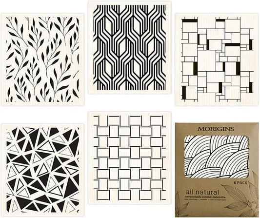 Morigins Swedish Dishcloths for Kitchen 6 Pack Black Minimalist Cellulose Sponge Cloths Non Scratch Reusable Paper Towels No Odor, Biodegradable and Reusable Kitchen Dish Rags (Minimalist)