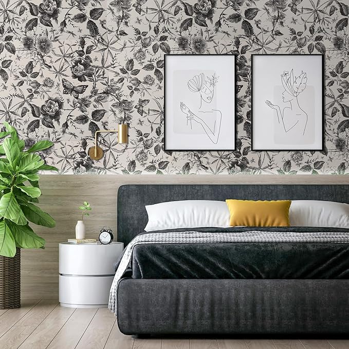 Drawer Liner Contact Paper for Dresser Peel and Stick Wallpaper Sketched Design 15.7x196.8in Self Adhesive Removable Black Maroon Rose Floral Butterfly Vintage Cabinet Shelf Renter Friendly
