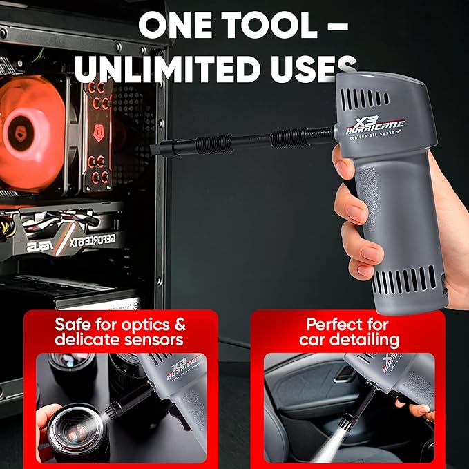 X3 Hurricane Compressed Air Duster | Adjustable Speed up to 260mph | Made in USA | Cordless, Rechargeable Canned Air Duster for Computers | Extended Warranty | 5 Attachments Included