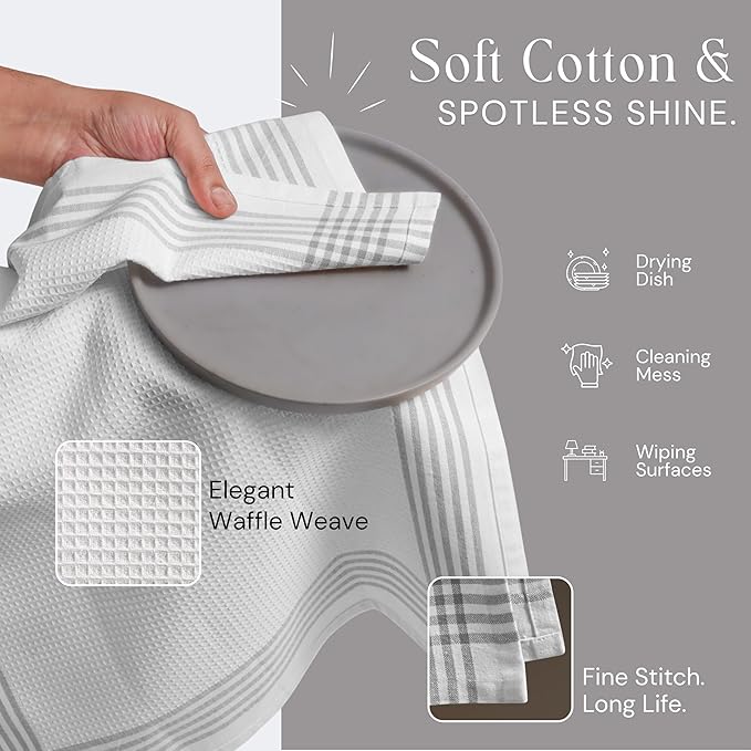 Waffle White & Grey Kitchen Towels 4 Pack, 100% Cotton, 16x26 inches, Quick Drying Dish Cloths, Absorbent Bar Mop Towels, Durable Kitchen Dishcloths Set for Daily Use
