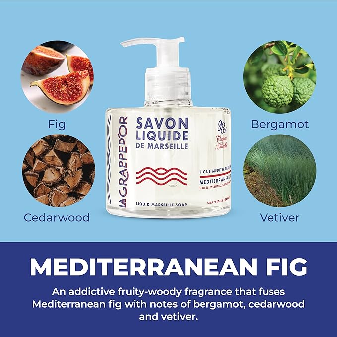 La Grappe d'Or Mediterranean Fig Marseille Hand Soap with Essential Oils | Handmade in France from Moisturizing Organic Olive & Coconut Oil | Natural, Cruelty-Free & Vegan, 11.10 oz Liquid