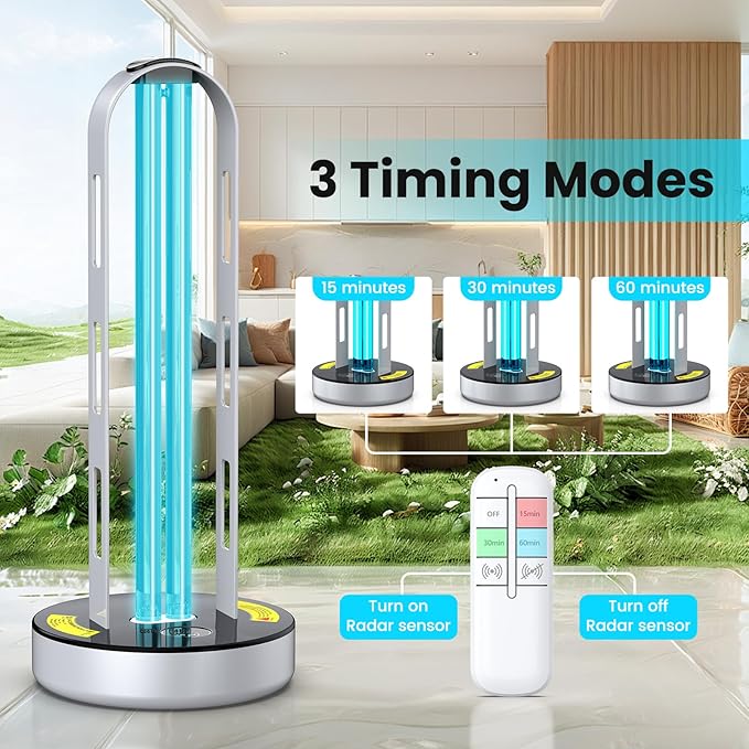 UV Light Sanitizer, 100W Ultraviolet Lamp with Remote Control for Bed Bugs and Dust Mites, Home Disinfection Device UV Lamp with Motion Sensor,3 Speed Timings for Home, Room & Kitchen