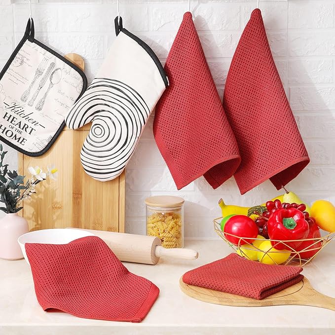Homaxy 100% Cotton Waffle Weave Kitchen Dish Cloths, Ultra Soft Absorbent Quick Drying Dish Towels, 12 x 12 Inches, 8-Pack, Brick Red
