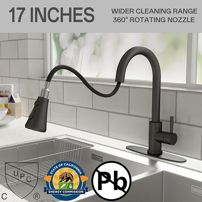 VXV Kitchen Faucet with Soap Dispenser, 3 Modes Kitchen Faucet with Pull Down Sprayer, Stainless Steel Sink Faucet for Farmhouse, Bar, and RV, with Deck Plate and 1/2'' Adapters
