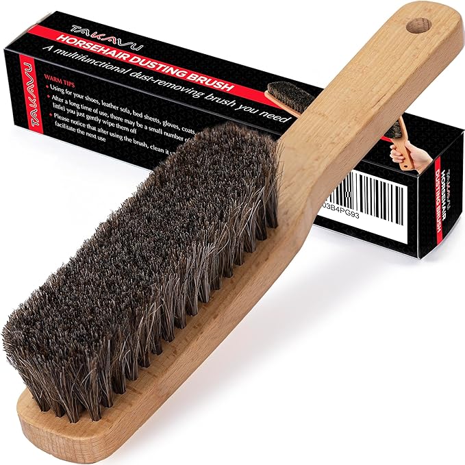 TAKAVU Horsehair Shoe Boot Brush 10.2 Inches - Hat Brush, Hand Broom With 100% Soft Genuine Horse Hair Bristles, Long Beech Wood Handle for Cleaning Shoes, Boots, Counters, Beds, Clothes, Furniture