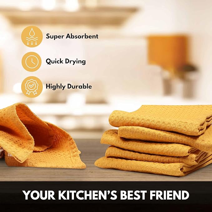 Mustard Yellow Waffle Kitchen Dish Towels 100% Cotton, Soft, Absorbent, Quick Drying, Multipurpose Use, Bar & Hand Towels, 16x26 Inches, Durable, Machine Washable, Reusable, Set of 4