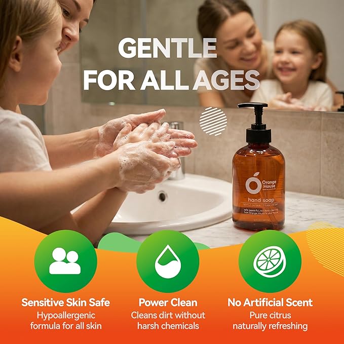 Orange House Natural Liquid Hand Soap with Food-Grade Orange Oil, Cruelty-free, Soft and Moisturizing, 12 Fl Oz