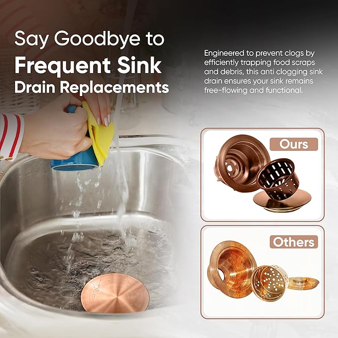 Strictly Sinks Sink Drain Strainer with Removable Basket - 3-1/2 Inch Stainless Steel Round Kitchen Sink Drain Assembly Kit with Deep Strainer Basket & Flat Cover Lid (Copper)