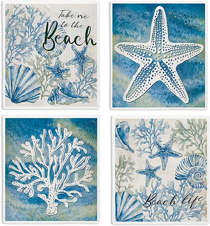 Swedish Dishcloths for Kitchen, Summer Coastal Starfish Beach Decor Kitchen Dish Towels for Washing Dishes, 4 Pack Reusable Paper Towels, Sponge Cloths for Home Cleaning Baking Cooking Decor