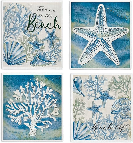 Swedish Dishcloths for Kitchen, Summer Coastal Starfish Beach Decor Kitchen Dish Towels for Washing Dishes, 4 Pack Reusable Paper Towels, Sponge Cloths for Home Cleaning Baking Cooking Decor