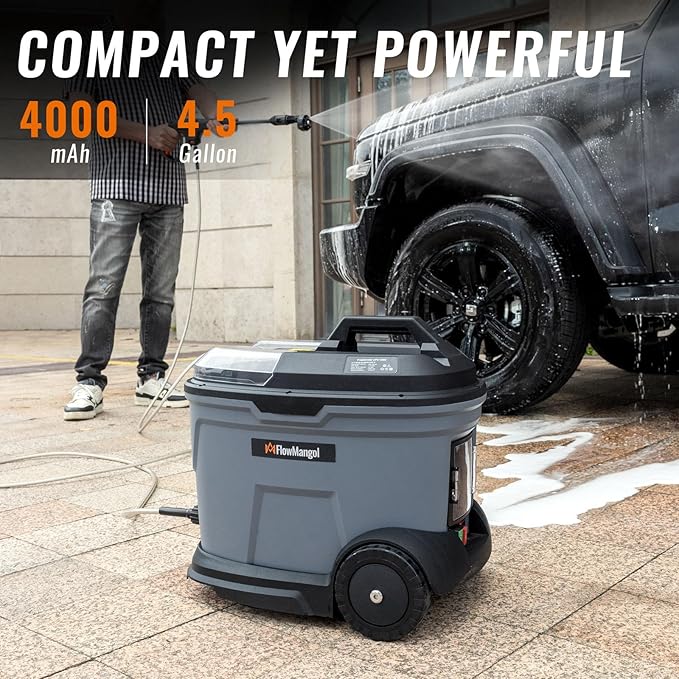 cPX4000 Portable Cordless Pressure Washer with 4.5 Gallon Tank & 4 Wheels, 725 PSI True Pressure, 4.0Ah Battery Power Washer for Car Washing, Camping Shower and Outdoor Rinsing