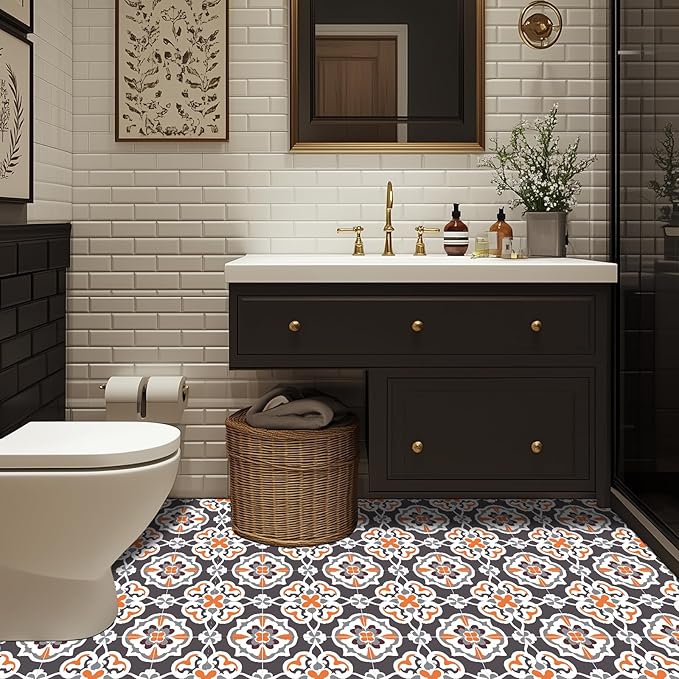 10PCS 12x12 Inch Vintage Floral Pattern Peel and Stick Floor Tiles Removable Self Adhesive Vinyl Flooring Stickers for Kitchen Entryway Balcony Coffee Corner Decor