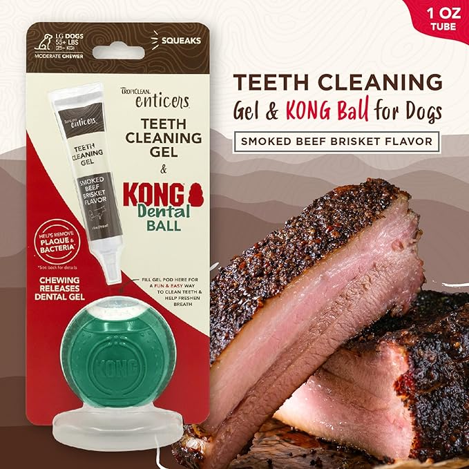 TropiClean Enticers Kong Dental Ball Kit for Large Dogs | Teeth Cleaning Gel | Smoked Beef Brisket Flavor | 1 oz.