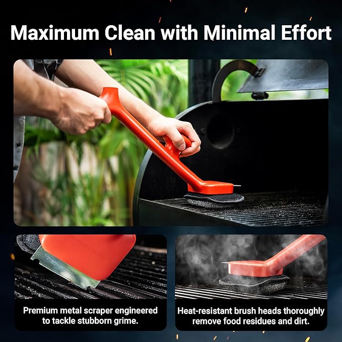 ThermoMaven BBQ Grill Brush Bristle Free - 17" Safe Steam Grill Cleaner Brush with Scraper and 3 Brush Heads for Porcelain/Gas/Charcoal Grill Outdoor Grill Barbecue Cleaner