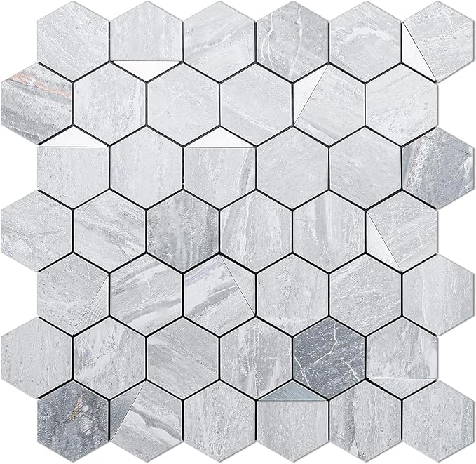 DICOFUN Hexagon Tile Peel and Stick Backsplash, Grey Marble Look PVC Mixed Silver Metal Mosaic Tiles, Pack of 1