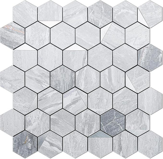 DICOFUN Hexagon Tile Peel and Stick Backsplash, Grey Marble Look PVC Mixed Silver Metal Mosaic Tiles, Pack of 1