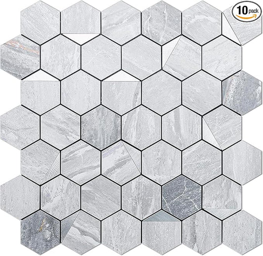 DICOFUN 10-Sheet Hexagon Tile Peel and Stick Backsplash, Grey Marble Look PVC Mixed Silver Metal Mosaic Tiles for Kitchen and Bathroom