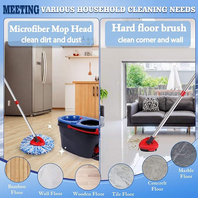 4 Pack Spin Mop Replacements Heads, Microfiber, Compatible with Oceda RinseClean 2-Tank System, Includes 1 Gray Mop Scrub Brush, 1 Mop Base, 4 Easy Cleaning Mop Heads, Blue Color