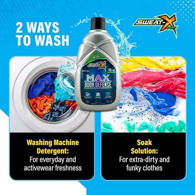 SWEAT X Max Odor Defense Laundry Detergent Liquid - Natural Washing Detergent for Activewear & Gym Clothes - Laundry Detergent for Sensitive Skin - Concentrated Detergent, 45 Loads/Bottle (2 Bottles)