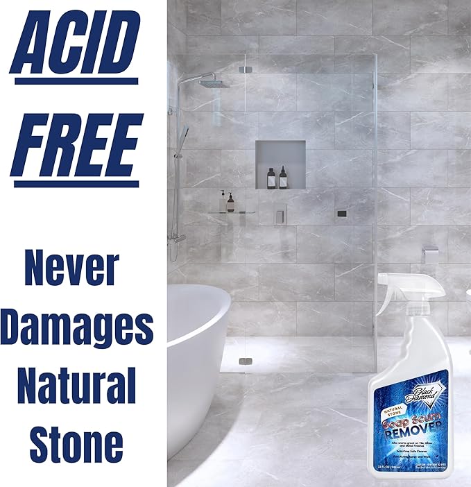 Black Diamond Stoneworks Natural Stone Shower Soap Scum Remover Spray. For Cleaning Bathtubs, Glass Doors, Tubs, Travertine, Marble, Tile. Heavy Duty, Safe Acid-Free Cleaner. Safe for fixtures.