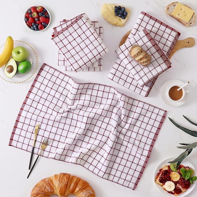 Homaxy Premium Kitchen Towels(16”x 28”, 8 Pack), Large Ring Spun Cotton Dish Towels, Super Absorbent Soft Terry Kitchen Hand Towels, Check Design Tea Towel Set with Hanging Loop, Red
