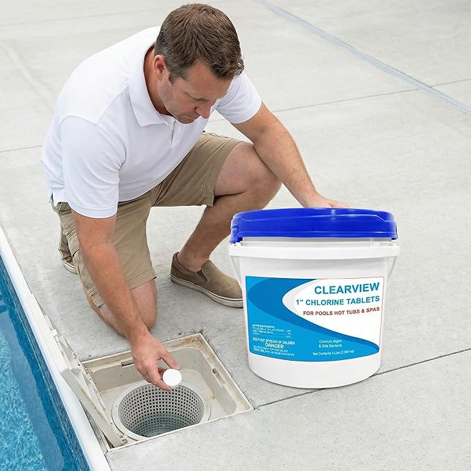 ClearView Chlorine Tablets 1 Inch 5 Lbs for Swimming Pools, Long-Lasting Stabilized 1" Chlorinating Tablets for Spa Hot Tub Chemicals, Pool Chlorinating Sanitizer 90% Available Chlorine