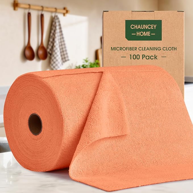 Microfiber Cleaning Cloth Roll–100 Pack, Tear Away Microfiber Towels, Reusable, Washable, Scratch-Free, Kitchen Towels for Car, Home, Kitchen, Glass, Dishes(Honey Orange)