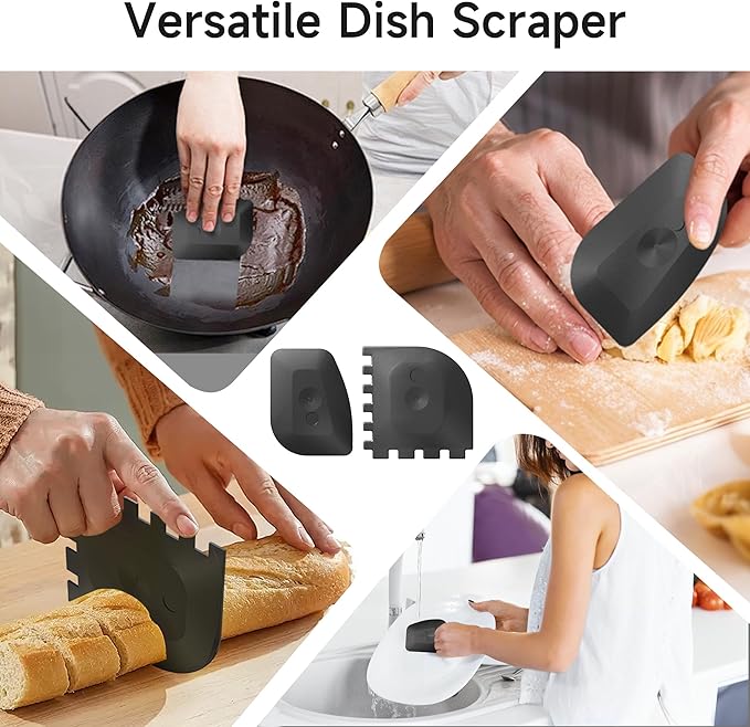 SUBEKYU Cast Iron Scrubber with Silicone Handle, Stainless Steel Skillet Cleaner for Cast Iron Pans (Gray Scrubber + Scraper)