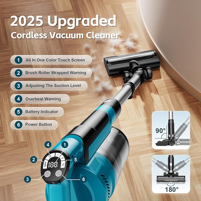 Cordless Vacuum Cleaner with 2 * 4000mAh Batteries, 700W 60Kpa Stick Vacuum, 6 in 1 Cordless Stick Vacuum Clearner, Brushless Motor with Led Display for Hard Floors Carpet Pet Hair (Blue)