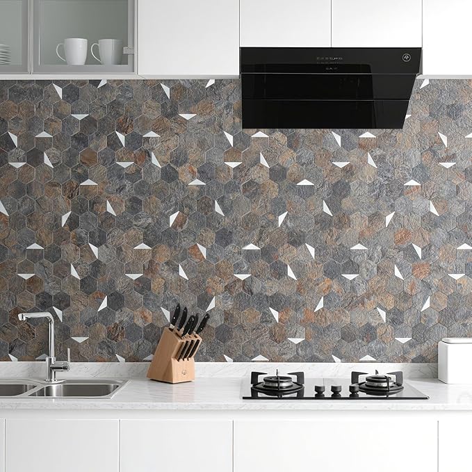 DICOFUN Hexagon Tile Mixed Metal Peel and Stick Backsplash, Self Adhesive Mosaic Tiles for Kitchen and Bathroom (1, Rust Slate and Silver)