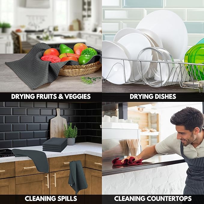 Gray Kitchen Towels – Waffle Weave, 100% Cotton, Soft & Absorbent, Fast Dry, Durable, 16x26 Inches, Perfect for Dish Drying, Bar, Cleaning, and Everyday Use, Set of 12, Grey