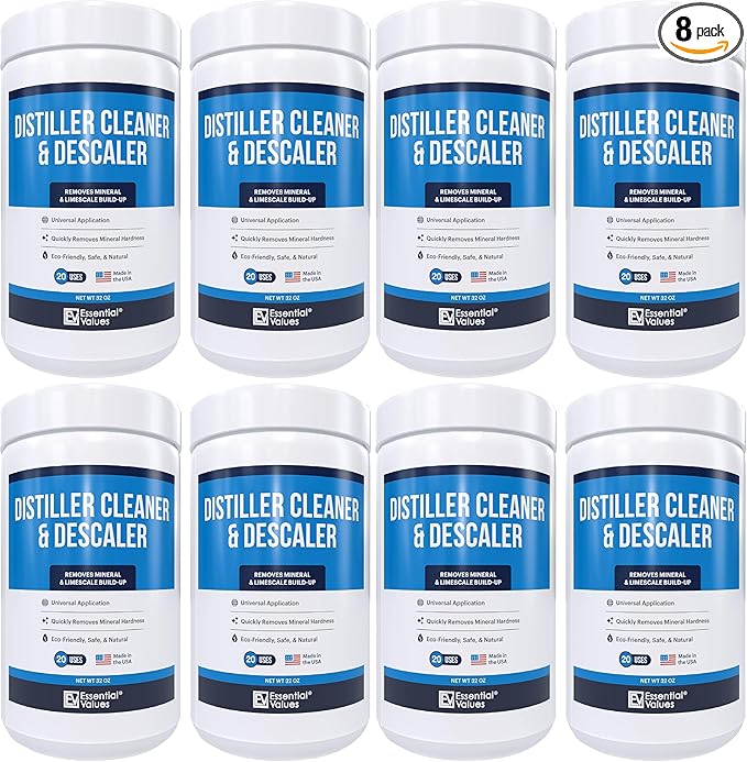 Essential Values Universal Descaler - Espresso Descaling Solution - Coffee Machine Cleaner - Critic Acid Tea Kettle Urn Water Distiller Cleaner - Manufactured in USA - 8 Pack