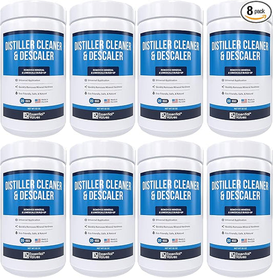 Essential Values Universal Descaler - Espresso Descaling Solution - Coffee Machine Cleaner - Critic Acid Tea Kettle Urn Water Distiller Cleaner - Manufactured in USA - 8 Pack