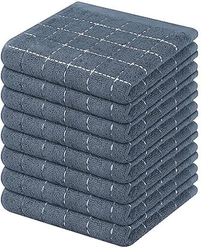 Mordimy 100% Cotton Terry Cloth Dish Cloths, Soft and Absorbent Checkered Dish Towels, Quick Drying Dish Rags for Washing Dishes, 8 Pack, 12 x 12 Inches, Grey