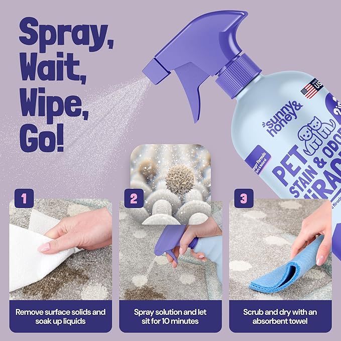 Sunny & Honey Pet Stain & Odor Miracle - Fast Acting Carpet Stain Remover & Urine Odor Eliminator - Enzyme Upholstery Cleaner Spray - For Upholstery, Couch & Mattress (32 fl oz, Light Lavender)