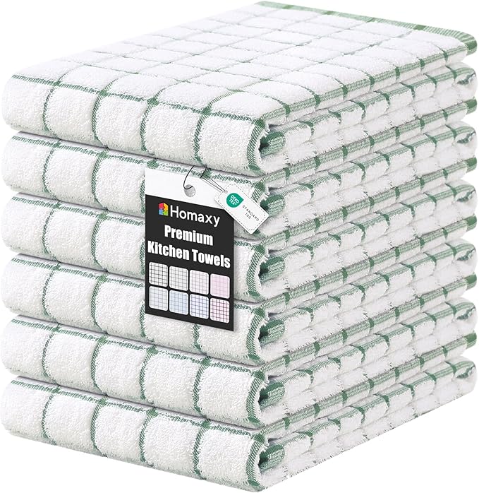 Homaxy Premium Kitchen Towels(16”x 28”, 6 Pack), Large Ring Spun Cotton Dish Towels, Super Absorbent Soft Terry Kitchen Hand Towels, Check Design Tea Towel Set with Hanging Loop, Grass Green
