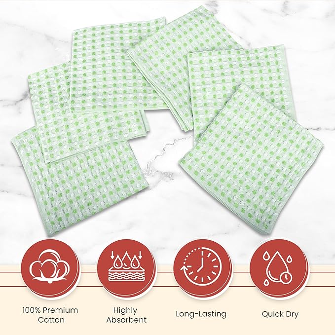 Vintage Vista 100% Cotton Dish Cloths (Pack of 6) - Dish Rags for Washing Dishes - Reusable & Highly Absorbent Kitchen Towels - Kitchen Rags for Christmas - (12" x 12" - Green Honeycomb)