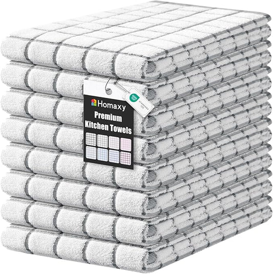Homaxy Premium Kitchen Towels(16”x 28”, 8 Pack), Large Ring Spun Cotton Dish Towels, Super Absorbent Soft Terry Kitchen Hand Towels, Check Design Tea Towel Set with Hanging Loop, Grey