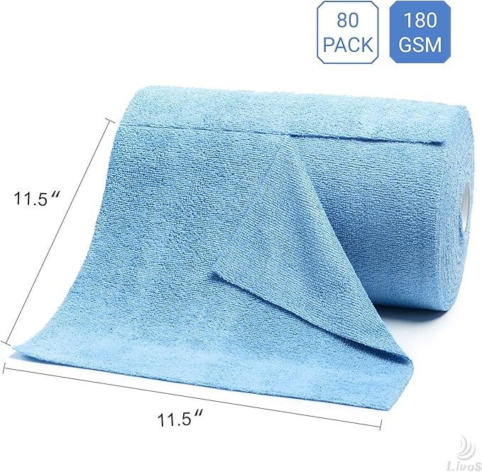 LIVOS Microfiber Cleaning Cloth Roll - 80 Pack, Reusable Paper Towels Blue Tear Away, Microfiber Towels for Cars, Super Absorbent Lint Free Cleaning Rags for House, Kitchen, Window-11.5"x11.5"
