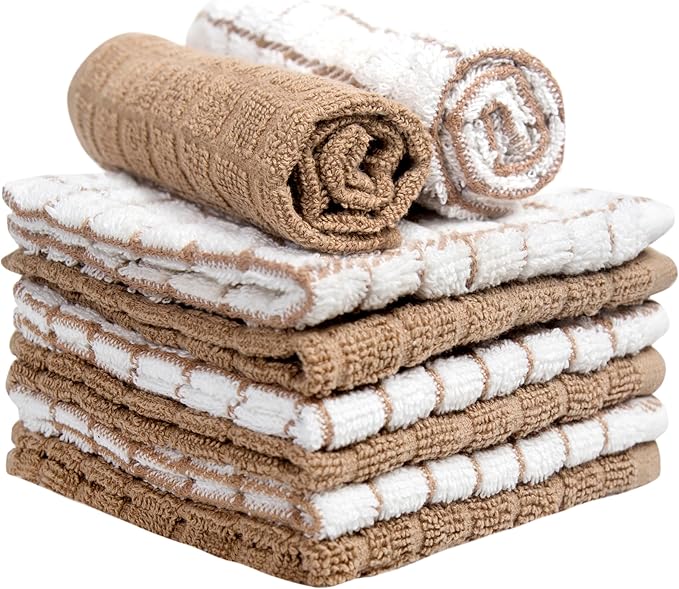 Bumble Premium Cotton Dish Cloths 12" x 12"| Tan Design | 405 GSM | Highly Absorbent & Soft Dish Towels | 100% Natural Ring Spun Cotton Kitchen Towel Set - 6 Pack