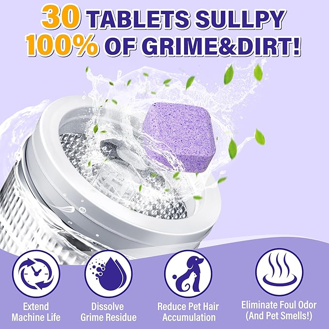 30 Pack Washing Machine Cleaner Tablets, Deep Cleaning for HE, Front＆Top Loader Washer, Natural Fresh Formulared for Pet Owners, Heavy Duty, Septic Safe (Over 12 Month Supply), 15G, Purple