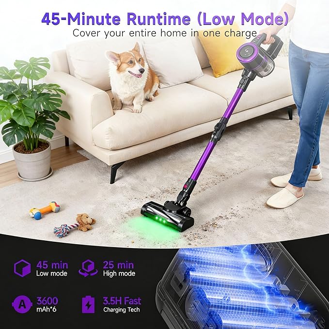 Cordless Vacuum Cleaner, Vacuum Cleaners for Home with 180° Bendable Wand | Green LED Light, Self-Standing, 1.5L Dust Cup, Washable HEPA Filter| Lightweight Stick Vacuum for Hardwood Floors
