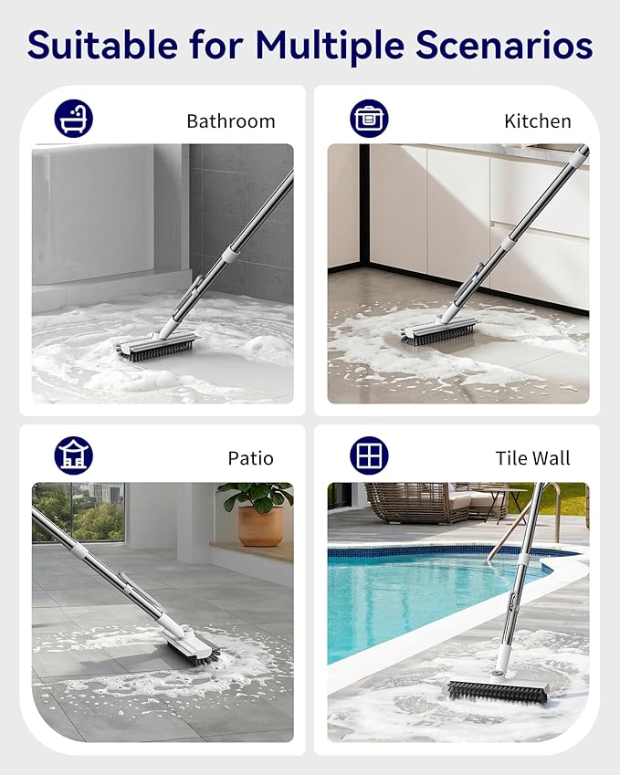 Small Floor Scrub Brush with Length Adjustable Long Handle, 3 in 1 Heavy-Duty Stiff Bristle Scrubber Brush with Squeegee and Tweezer for Cleaning Bathroom, Tile, Deck, Patio, Garage and Kitchen